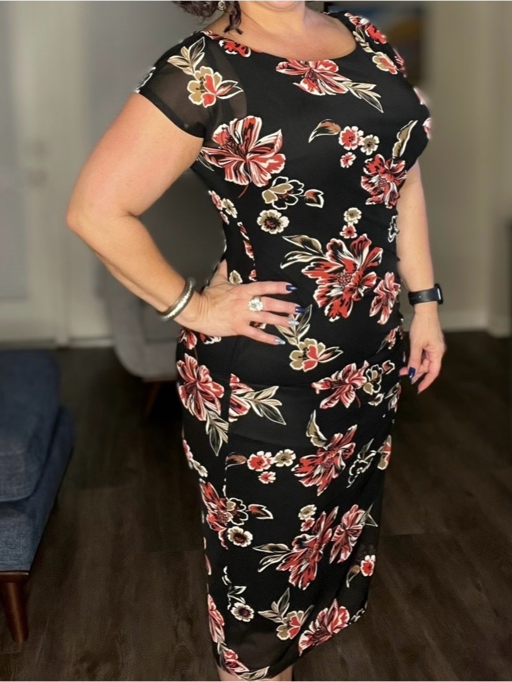 NEW listing ☀️ Black Floral Midi Dress with Red & Cream Blooms
